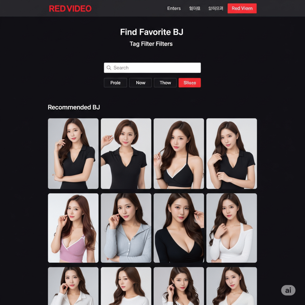 빨간비디오의 좋아하는 BJ 찾기 페이지로, 태그 필터와 추천 BJ 목록이 표시된 화면