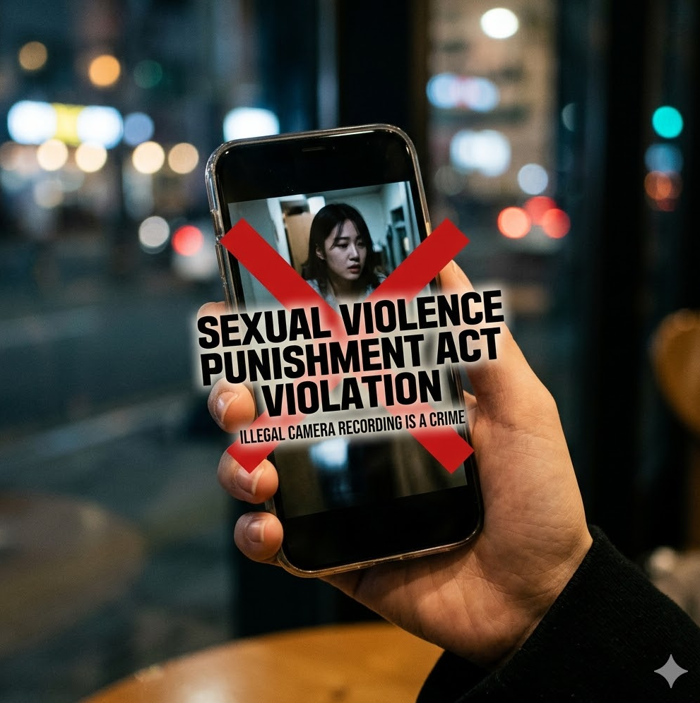 스마트폰 화면에 몰카 영상이 재생 중인 모습 위에 커다란 붉은 경고 X 표시와 “성폭력처벌법 위반” 문구가 오버레이된 강렬한 경고 이미지 스마트폰 화면에 몰카 영상이 재생 중인 모습 위에 커다란 붉은 경고 X 표시와 “성폭력처벌법 위반” 문구가 오버레이된 강렬한 경고 이미지
