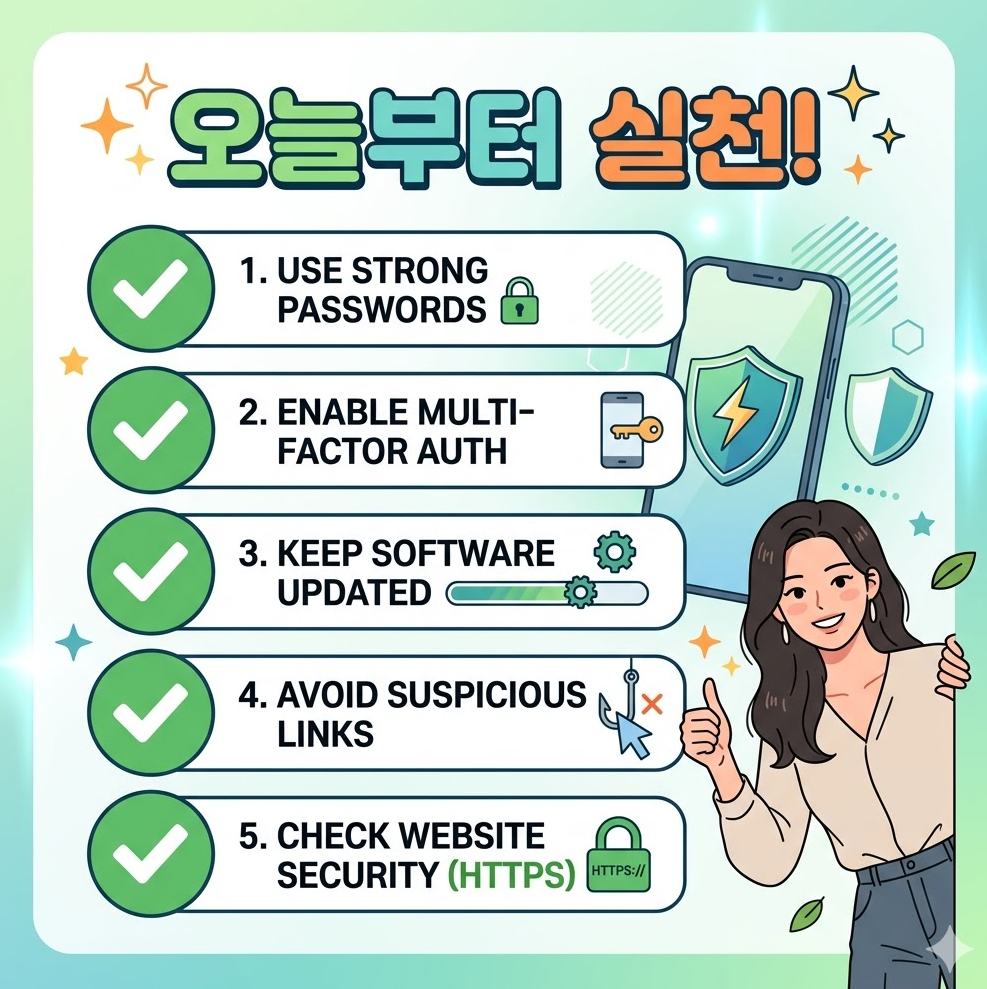 체크리스트 형태로 5단계 안전 검색 루틴이 녹색 체크 표시와 함께 나열된 인포그래픽 체크리스트 형태로 5단계 안전 검색 루틴이 녹색 체크 표시와 함께 나열된 인포그래픽