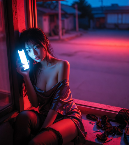새벽거리의 차가운 붉은빛 네온이 비치는 창가 옆, 구겨진 검은색 스타킹과 흩어진 구두가 바닥에 놓여 있고, 밝은 스크린 빛이 배우를 비추고 있는 정물사진 새벽거리의 차가운 붉은빛 네온이 비치는 창가 옆, 구겨진 검은색 스타킹과 흩어진 구두가 바닥에 놓여 있고, 밝은 스크린 빛이 배우를 비추고 있는 정물사진